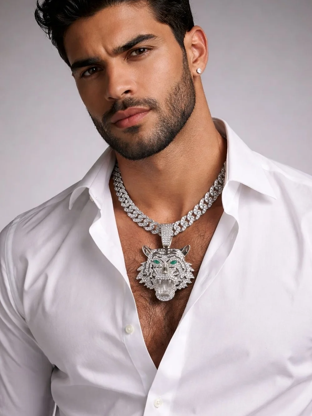 Silver Tiger Head Pendant Necklace with Green Eyes